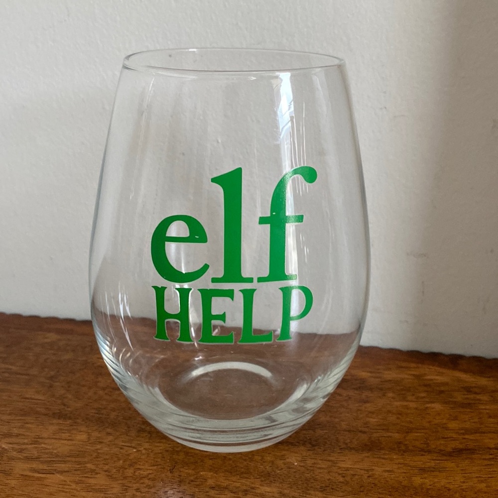 Title: Holiday Christmas Stemless Wine Glass - Elf Help - Clear Green Text